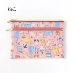 猫　フラットポーチ　ファスナー　お薬手帳ケース　通帳ケース　ペンケース　ピンク