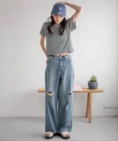 ローリーズファーム ワイドストレートデニム　ダメージ加工