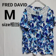 FRED DAVID 花柄レース M半袖 ブラウス ブルー 古着 レディース 青