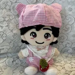 ちびぬい服　ピンクチェックくま耳ベレー帽のセット　いちごポシェット付き　➀