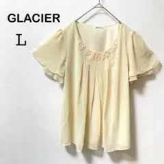 【グラシア】半袖 ブラウス 袖フリル 首元花柄 クリーム色 可愛い オシャレ L