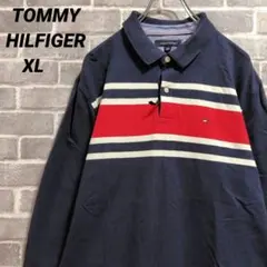 【トミーヒルフィガー】長袖鹿の子ポロシャツ ネイビー レッド US古着