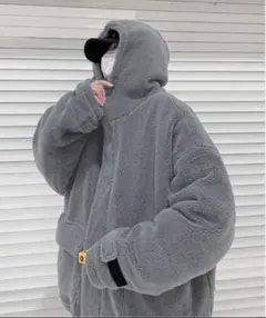 フリースジャケット グレー フード付き