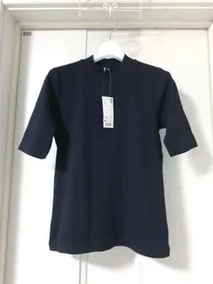 新品タグ付ユニクロリブハイネックTシャツMサイズ黒綿ブラックUNIQLO五分袖