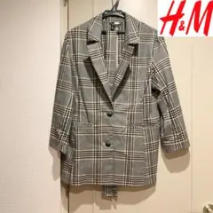 H&M ベルト付き グレンチェック テイラード ジャケット グレー s