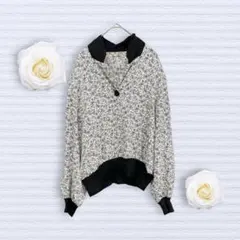 ブラウス　総柄ビックボタン　袖ゴム　裾ゴム　肩パッド付　オフィスカジュアル