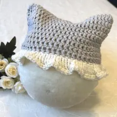 <グレー×白>猫耳ビーニー キャットビーニー 猫耳帽子