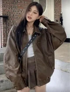 ダークブラウン レザーオーバーサイズジャケット