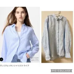 UNIQLO ユニクロ　プレミアムリネンシャツ　ストライプ　L