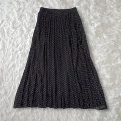 ドット柄ロングプリーツスカート　ウエストゴム　ブラック×ホワイト　フレア　F