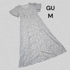 ジーユー GU 花柄 半袖シャツワンピース M グレー Vネック