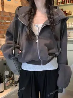 クロップドフードジャケット ルーズフィット スラウチフード 長袖ジッパーショート