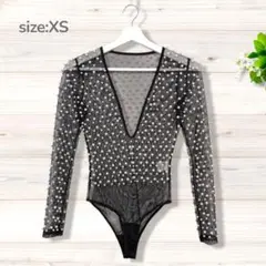 シースルー メッシュ ボディスーツ パール装飾 ブラック　XSサイズ