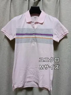 美品　UNIQLO　半袖ポロシャツ　Mサイズ　ピンク系ボーダー柄　ユニクロのサムネイル