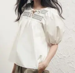 H&M 刺繍コットンブラウス　パフスリーブ　ホワイト　XS