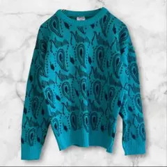 USA古着ニットセーターターコイズブルーペイズリー柄ポップヴィンテージ長袖