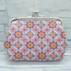 ハンドメイド　がま口ポーチ　　花柄　くすみピンク