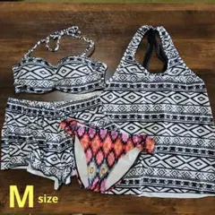 レディース ビキニ水着 タンキニ 4点 エスニック柄 幾何学柄
