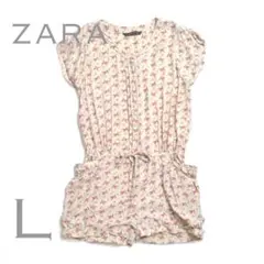 ZARAザラ シルク100％ リーフ総柄エストリボンショートパンツオールインワン