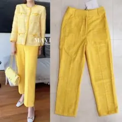 新品 ツイードパンツ S 黄色 裏地付き センタープレス 上品 スラックス