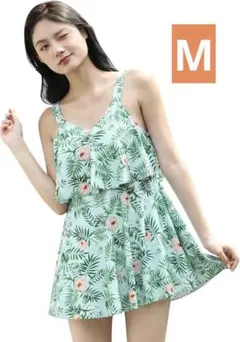 水着 レディース ワンピース 体型カバー 花柄 パット付き グリーン 緑 M