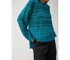 AZUL by MOUSSY ターコイズ ストライプ フリンジ裾 ニットセーター