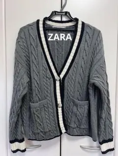 【ZARA】ケーブルニットカーディガン グレー ライン入り
