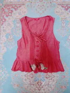 定価2.6万PINKHOUSE ブッシュローズ刺繍入りダンガリーベスト ブラウン