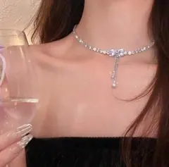 リボンモチーフ クリスタルネックレス