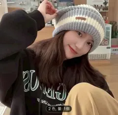 ★ストライプニット帽★グレー