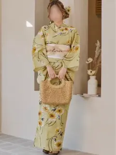maru×utatane 浴衣3点セット ほぐし麻の葉としだれ藤 マスタード