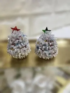 【美品】インテリア　ビーズ製 クリア　シルバー　クリスマスツリー 2個セットのサムネイル