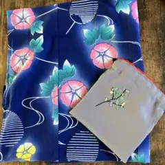 ハンドメイド　あさがお柄座布団カバー と巾着ポーチ