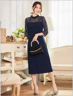 膝丈ドレス ワンピース ネイビー レーススリーブ 卒業式 通勤 イベントS