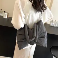 【グレー】トートバッグ ショルダーバッグ リボン ふんわり 軽量 2way