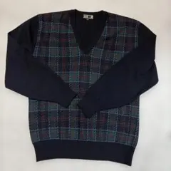 DAKS Vネック ニット セーター チェック柄 紺M