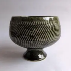 ヴィンテージ​【剣山付】生け花 花器 高台 壺 織部焼風 深緑 飛び鉋 華道具のサムネイル