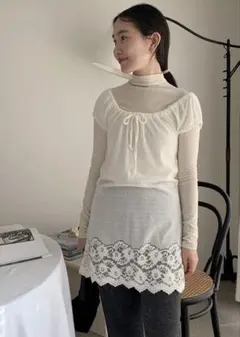 シャーリングリボンニットレースワンピース