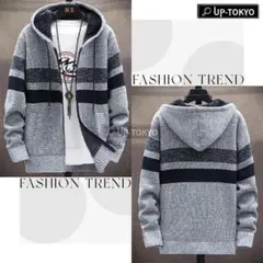 K2 フード付きカーディガン グレー/ネイビー