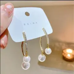 パール×ラインストーン フープピアス 上品 ゴールド 大人きれいめ レディース