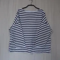 【無印良品】　ボートネック 七分袖Tシャツ　白×紺ボーダー