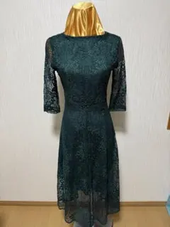 ダークグリーン レース 七分袖 Aラインワンピース