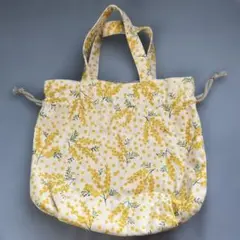 ミモザ花柄　ハンドメイド　トートバック　巾着　鳥刺繍