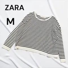 zara ニット 長袖 薄手 【M】 ホワイト ボーダー コットン プルオーバー