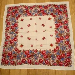 レトロ 白地花柄ウール100%スカーフ 81x84cm 訳あり