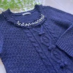 ビジュー襟が華やぐ♡axes femme濃紺ニットM