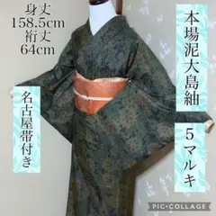 本場泥大島紬 5マルキ 正絹 深緑色 草花文様 名古屋帯付き 158.5cmのサムネイル