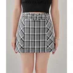 Chico チェック台形ミニスカート グレー