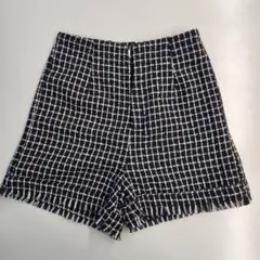 チェック柄 ツイード ショートパンツ M フリンジタック