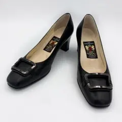 ミハマ　パンプス　スクエアトゥ　バックル　23 黒　チャンキーヒール　日本製のサムネイル
